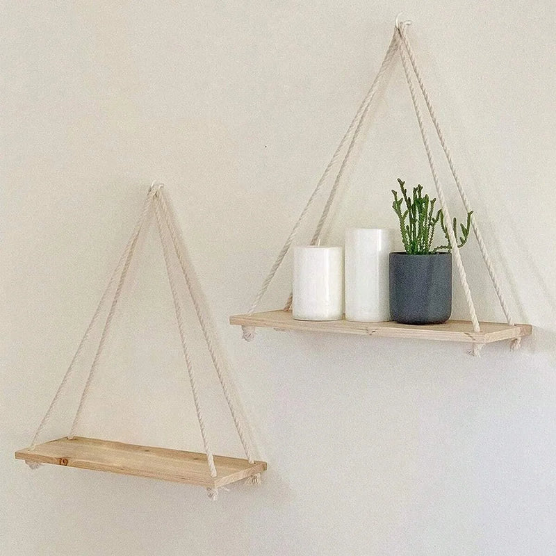 Wooden Hanging Swing Shelf – Floating Wall Storage for Plants & Home Decor