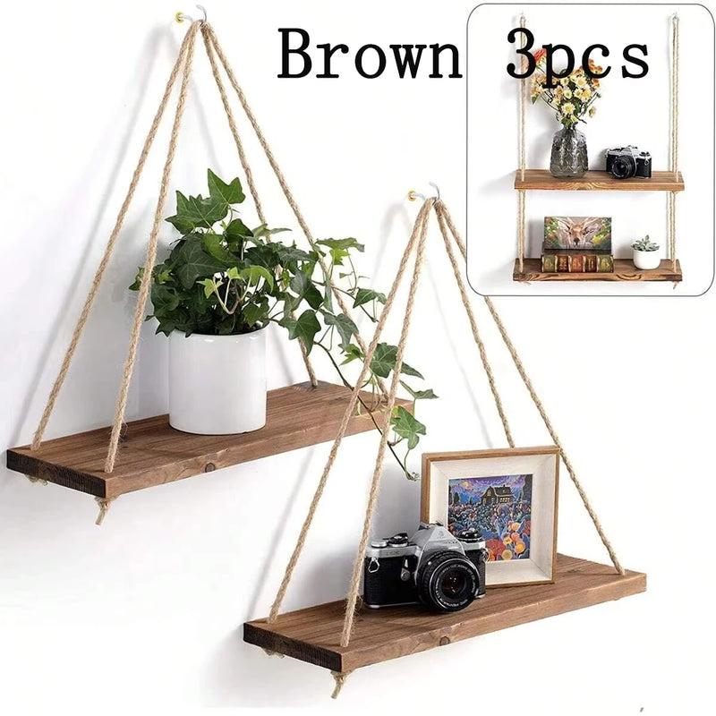 Wooden Hanging Swing Shelf – Floating Wall Storage for Plants & Home Decor