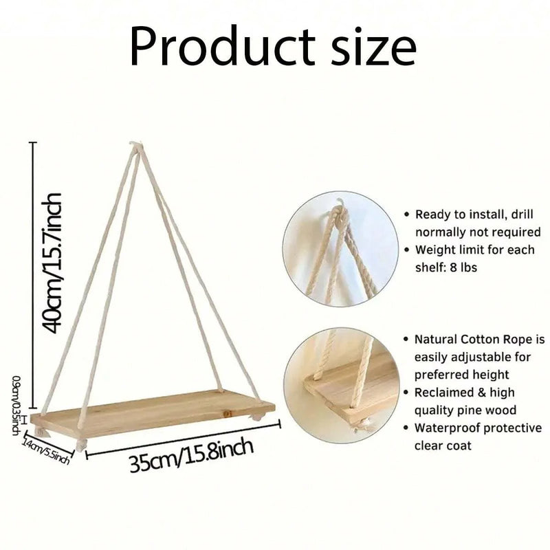 Wooden Hanging Swing Shelf – Floating Wall Storage for Plants & Home Decor
