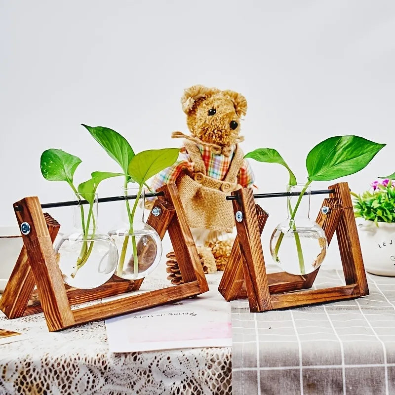 Tabletop Glass Planter – Hydroponic Propagation Station with Wooden Rack for Home Decor