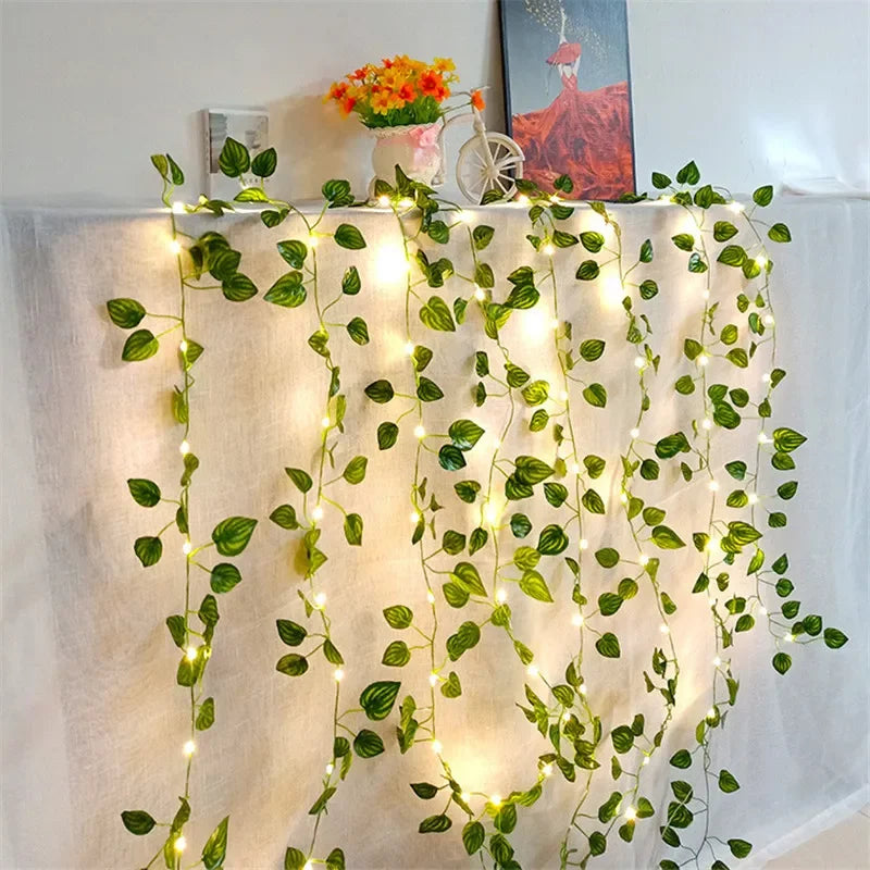 Flower Green Leaf Fairy Lights – Battery-Powered Vine Garland for Home & Wedding Decor