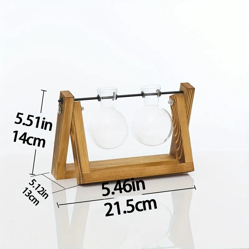 Tabletop Glass Planter – Hydroponic Propagation Station with Wooden Rack for Home Decor