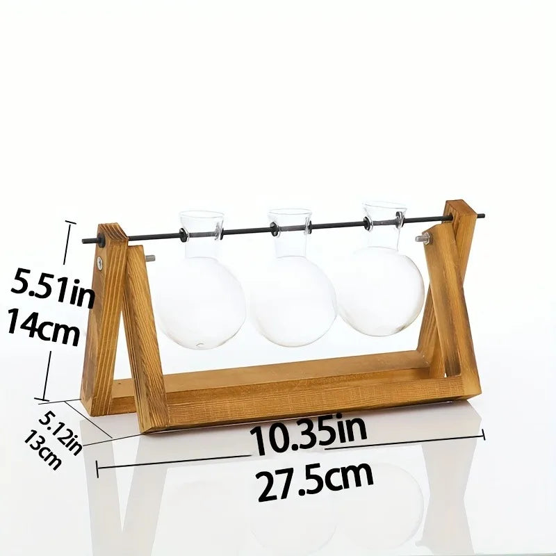 Tabletop Glass Planter – Hydroponic Propagation Station with Wooden Rack for Home Decor