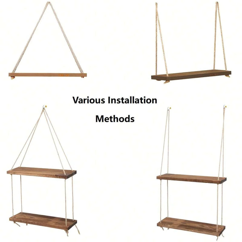 Wooden Hanging Swing Shelf – Floating Wall Storage for Plants & Home Decor