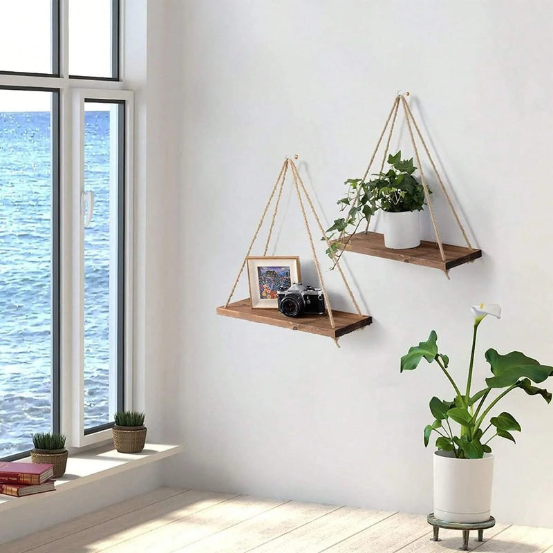 Wooden Hanging Swing Shelf – Floating Wall Storage for Plants & Home Decor