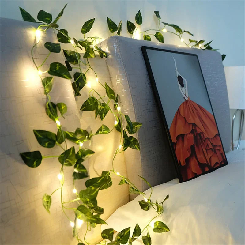 Flower Green Leaf Fairy Lights – Battery-Powered Vine Garland for Home & Wedding Decor