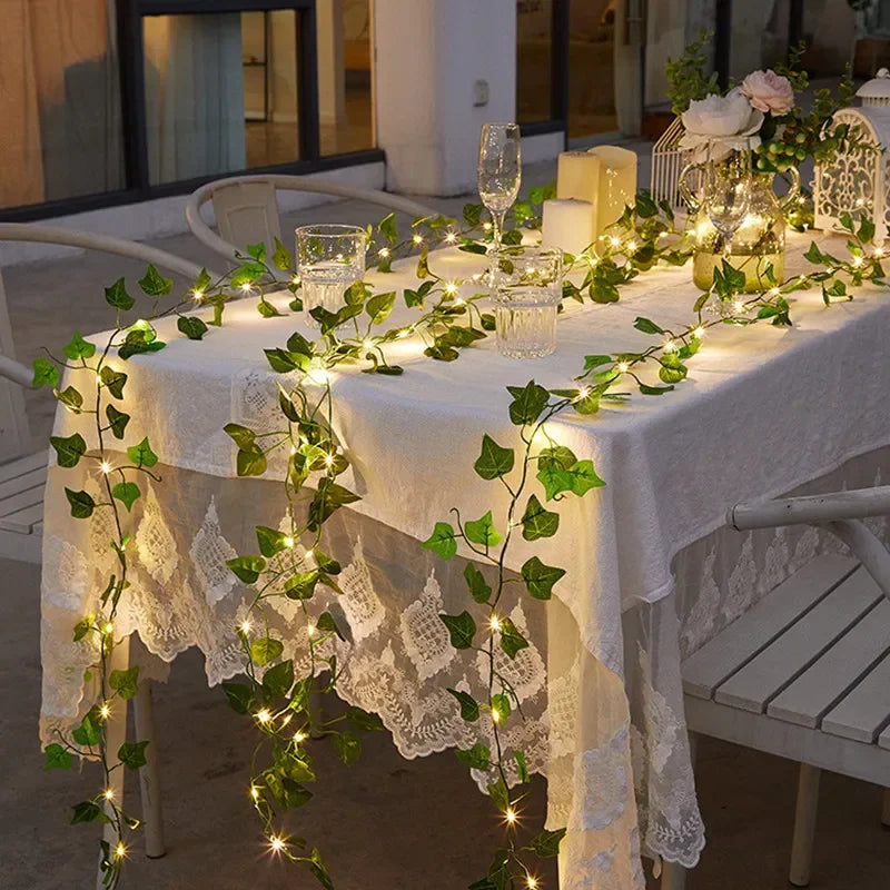 Flower Green Leaf Fairy Lights – Battery-Powered Vine Garland for Home & Wedding Decor