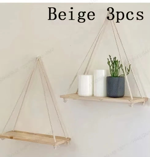 Wooden Hanging Swing Shelf – Floating Wall Storage for Plants & Home Decor