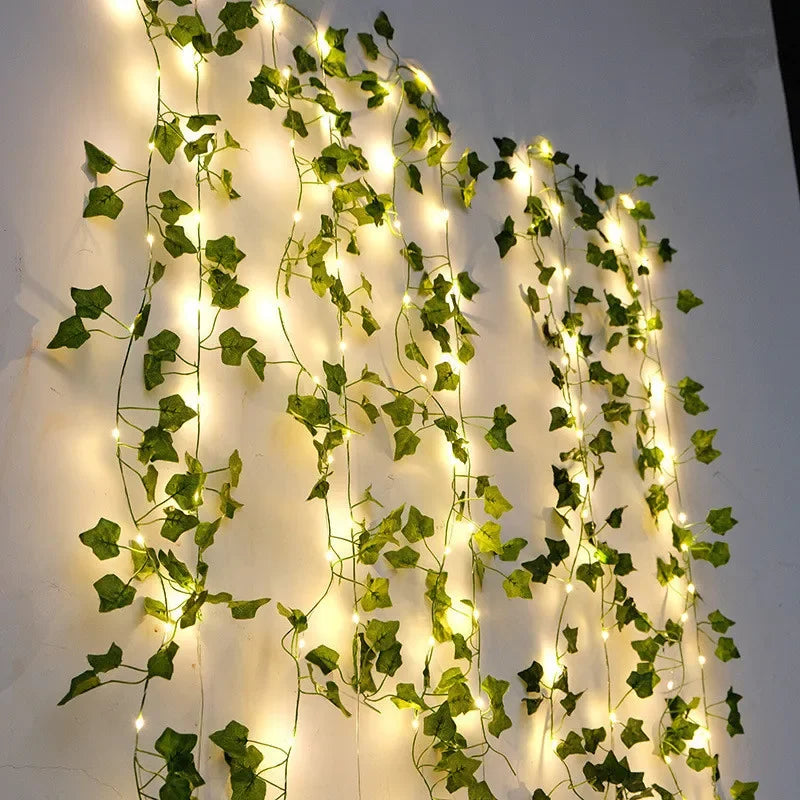 Flower Green Leaf Fairy Lights – Battery-Powered Vine Garland for Home & Wedding Decor