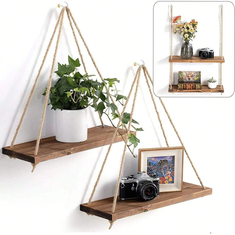 Wooden Hanging Swing Shelf – Floating Wall Storage for Plants & Home Decor