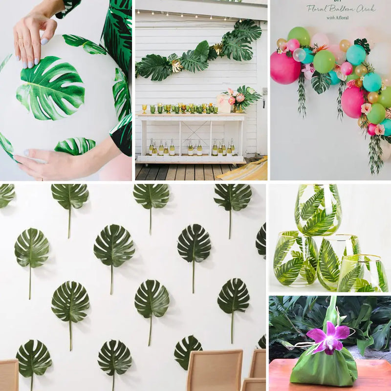 OurWarm 24pcs Large Artificial Tropical Palm Leaves, Faux Safari Leaves Monstera Fake Leaves for Party Safari Table Decorations