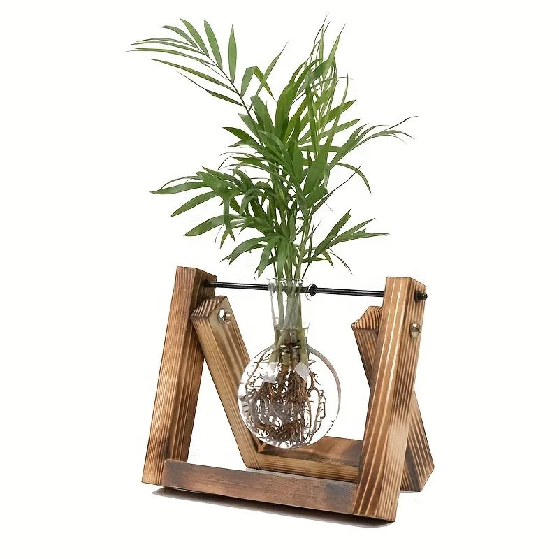 Tabletop Glass Planter – Hydroponic Propagation Station with Wooden Rack for Home Decor