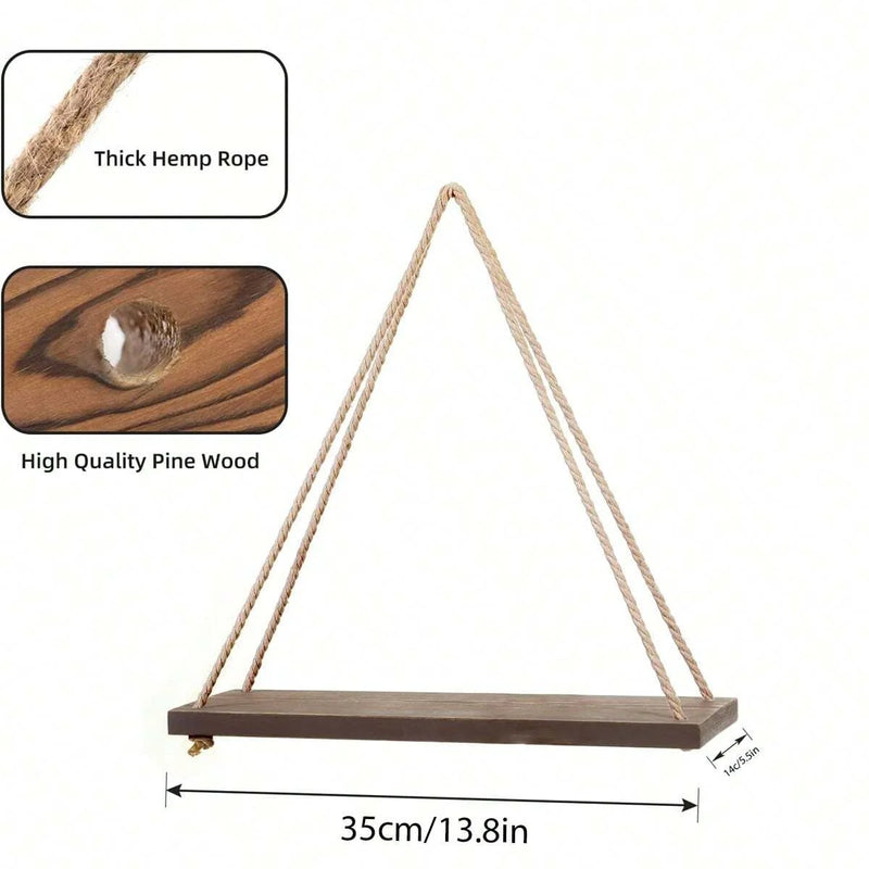 Wooden Hanging Swing Shelf – Floating Wall Storage for Plants & Home Decor