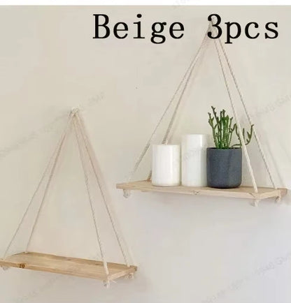 Wooden Hanging Swing Shelf – Floating Wall Storage for Plants & Home Decor